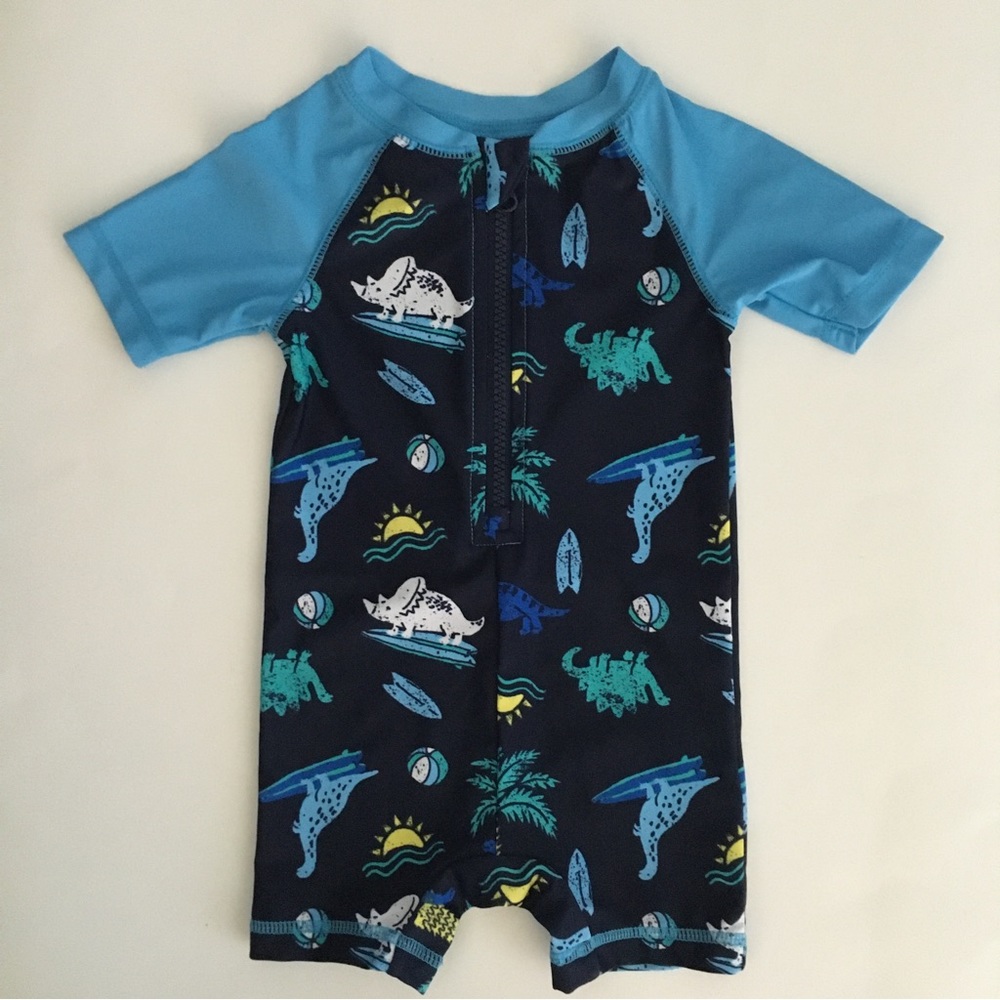 NEW (6-12M) Swimsuit Infant Blue Rash-guard Zip Up with Dinosaurs | Old Navy